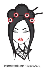 Black and white illustration of elegant Japanese woman. 