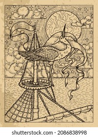 Black and white illustration of elegant stork in the nest on ship mast against the background of sea, moon and clouds.  Vector vintage drawings, marine concept, coloring book page, t-shirt graphic 