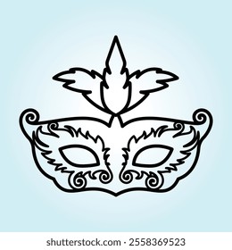 A black and white illustration of an elegant Venetian carnival mask with ornate detailing and a feathered headdress.