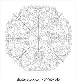.Black and white illustration of elements arranged in a circle - stock vector .
