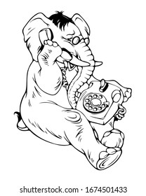 Black and white illustration of an elephant in cartoon style talking on the phone