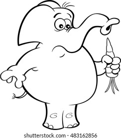 Black and white illustration of an elephant holding a carrot.