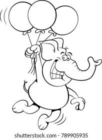 Black and white illustration of an elephant holding balloons.
