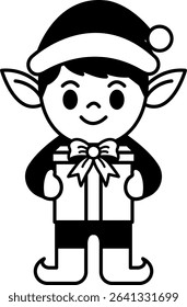 black and white illustration of an elf is holding a present