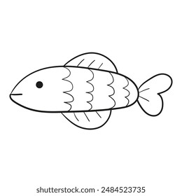 Black and white illustration of an elongated fish with scales and three rounded fins, clipart, coloring page