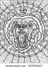 Black and white illustration of emblem with head of bear against background of compass and sea.  Vector vintage drawings, marine concept, coloring book page, t-shirt graphic 