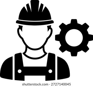 A black and white illustration of an engineer wearing a hard hat and overalls, with a gear symbol next to them.