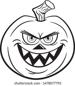 Black and white illustration of an evil smiling jack o lantern.