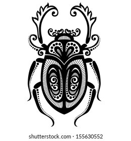 Black and White Illustration of Exotic Scarab. Egyptian Symbol, Sacral Beetle. Decorative Tribal Design for Print, Emblem, Tattoo etc. Vector Contour Illustration. Abstract Ornate Art
