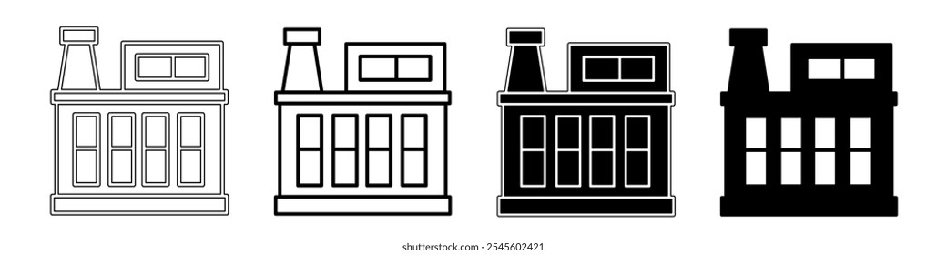 Black and white illustration of a factory. Factory icon collection with line. Stock vector illustration.