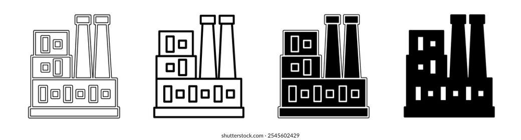 Ilustração em preto e branco de uma fábrica. Coleção de ícones de fábrica com linha. Ilustração do vetor de estoque.