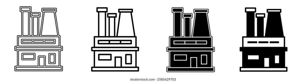 Black and white illustration of a factory. Factory icon collection with line. Stock vector illustration.