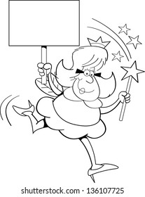 Black and white illustration of a fairy godmother holding a magic wand and a sign.