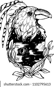 Black and white illustration of a fairy raven with a feathers, night sky inside, stars and the moon.