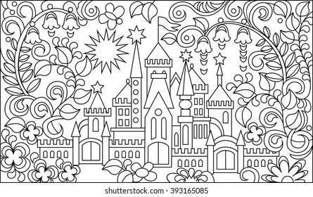 Black and white illustration of fairyland castle for coloring. Developing children skills for drawing. Vector image.