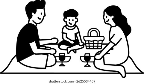 black and white illustration of a family enjoying a picnic