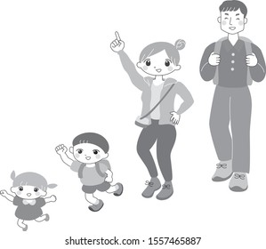 Black and white illustration of a family of four walking up