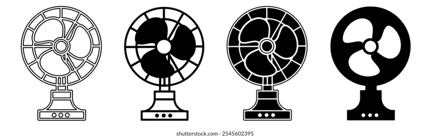 Black and white illustration of a fan. Fan icon collection with line. Stock vector illustration.