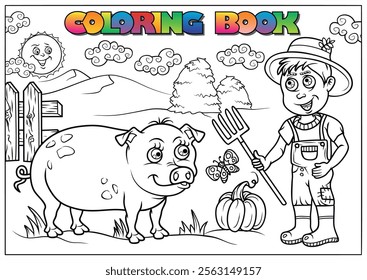 Black and white illustration of a farmer holding a pitchfork next to a pig, pumpkin and butterfly in a farm setting, coloring book page.