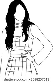 Black And White Illustration of Fashionable Woman with Long Hair and Stylish Outfit