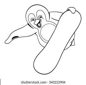Black and white illustration of fat laughing penguin in breathtaking jump on the snowboard