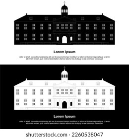 Una ilustración en blanco y negro del Museo Fatahillah en Yakarta Occidental como idea principal. en forma de palacio, reliquia del período colonial holandés. oficinas, salas de audiencias y sótanos utilizados como prisiones