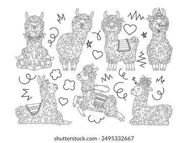 La Ilustración En Blanco Y Negro Presenta Adorables Garabatos De Animales De Llama Perfectos Para Colorear Páginas O Actividades Para Niños