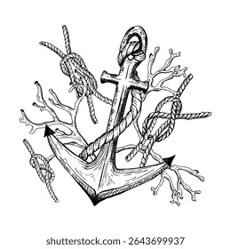 Black and white illustration features a classic nautical anchor entwined with thick ropes and surrounded by coral branches. The detailed hand drawn vector composition. Sketch in line art style.