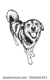 Black and white illustration features a joyful dog with a fluffy tail and a happy expression