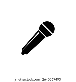 Black and white illustration features a microphone icon. Its design includes a round head and rectangular handle, set on a crisp white background, ideal for audio and design projects.