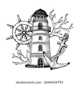 Black and white illustration features a nautical theme with a central lighthouse, a ships steering wheel, an anchor wrapped in rope, coral branches. The detailed line art. Hand drawn graphic sketch