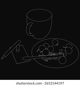 A black and white illustration features a plate with a steaming coffee mug, a pen, and assorted fruits like apples, oranges, and grapes. The composition evokes a cozy, creative atmosphere.