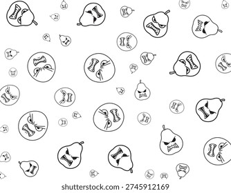 A black and white illustration features a repeating pattern of cartoonish pears with angry faces and circular cells containing chromosomes.