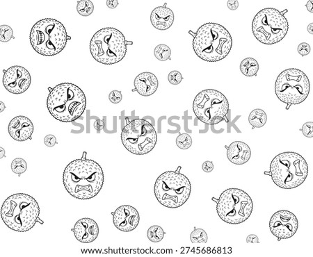 A black and white illustration features a repeating pattern of angry cartoon virus characters with spiky exteriors and menacing expressions, scattered across a white background.