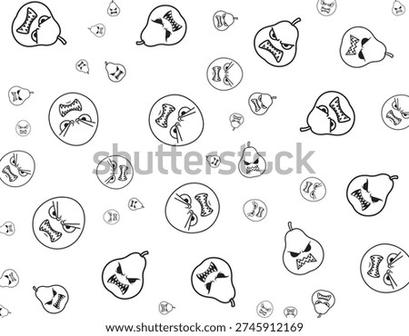 A black and white illustration features a repeating pattern of cartoonish pears with angry faces and circular cells containing chromosomes.