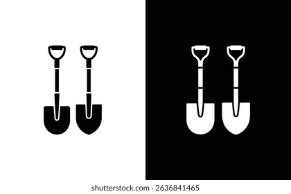 A black and white illustration features two shovels. One displays the shovels in black on a white background, while the other shows white shovels on black.