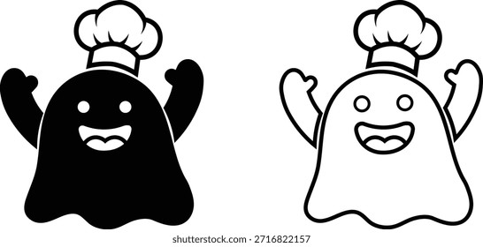 Una ilustración en blanco y negro presenta dos fantasmas de dibujos animados con sombreros de chef. El fantasma de la izquierda es una silueta negra sólida, mientras que el fantasma de la derecha es un contorno. Ambos fantasmas tienen amplias sonrisas y brazos levantados, transmitiendo una sensación de emoción o bienvenida. La ilustración es simple y lúdica, adecuada para su uso en contextos culinarios o como elemento gráfico general.