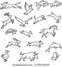 Una ilustración en blanco y negro con 20 animales diferentes corriendo o volando