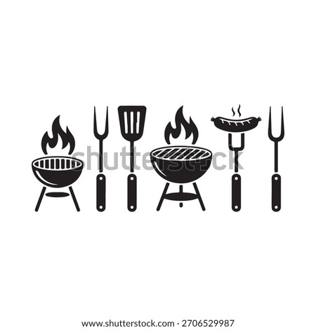 A black and white illustration featuring barbecue grills, cooking utensils, and food items like sausages on skewers, all with a flame motif.