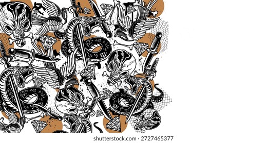 black and white illustration featuring a dense pattern of coiled serpents, reptilian skulls, sharp swords, and scattered bones with subtle brown abstract shapes.
