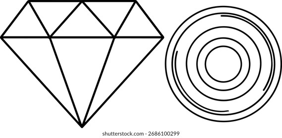 Una ilustración en blanco y negro con una forma de diamante y un conjunto de círculos concéntricos, ambos definidos por contornos audaces y limpios.