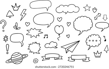 A black and white illustration featuring a diverse array of speech bubbles and thought clouds in different shapes and sizes