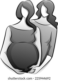 Black and White Illustration Featuring a Doula Assisting a Pregnant Woman