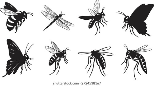 A black and white illustration featuring eight insect silhouettes, showcasing various flying creatures in different poses and styles.