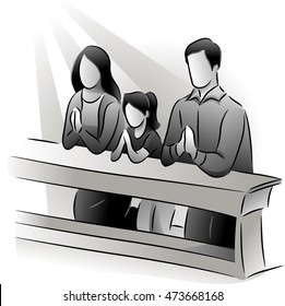 Black And White Illustration Featuring A Family Praying Together