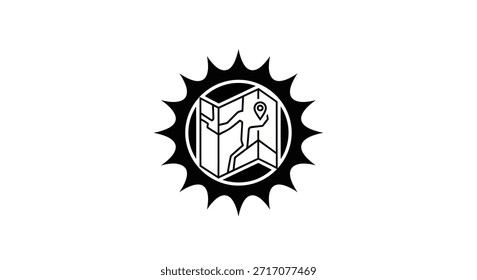 Una ilustración en blanco y negro con un mapa doblado con un pin de ubicación, rodeado por un engranaje similar al sol o rueda dentada, que simboliza la navegación y la exploración.
