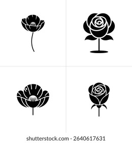 Black and white illustration featuring four panels; each displays a silhouette of a flower two roses and two poppies against a white background, simple, elegant design.