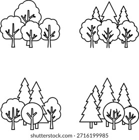 Una ilustración en blanco y negro que presenta cuatro paisajes forestales diferentes con varias siluetas de árboles, mostrando diferentes Formas y arreglos de árboles.