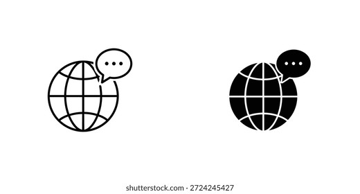 Ilustración en blanco y negro con un globo terráqueo con burbujas de discurso, que simboliza la comunicación global y la conectividad.