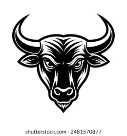 A black and white illustration featuring the head of a bull with horns